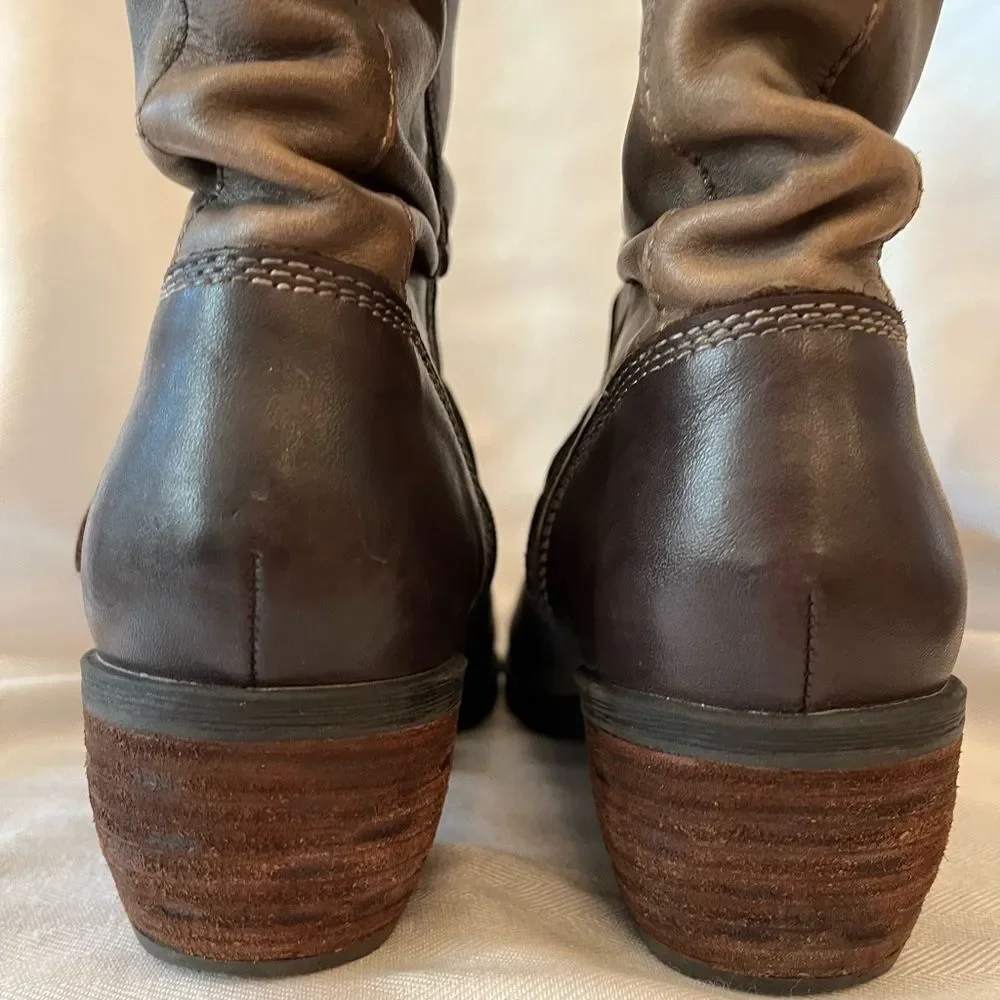 Leather Slouch Ankle Boots Gray Brown Moto Buckle Lug Block‎ Heel SZ 10.5